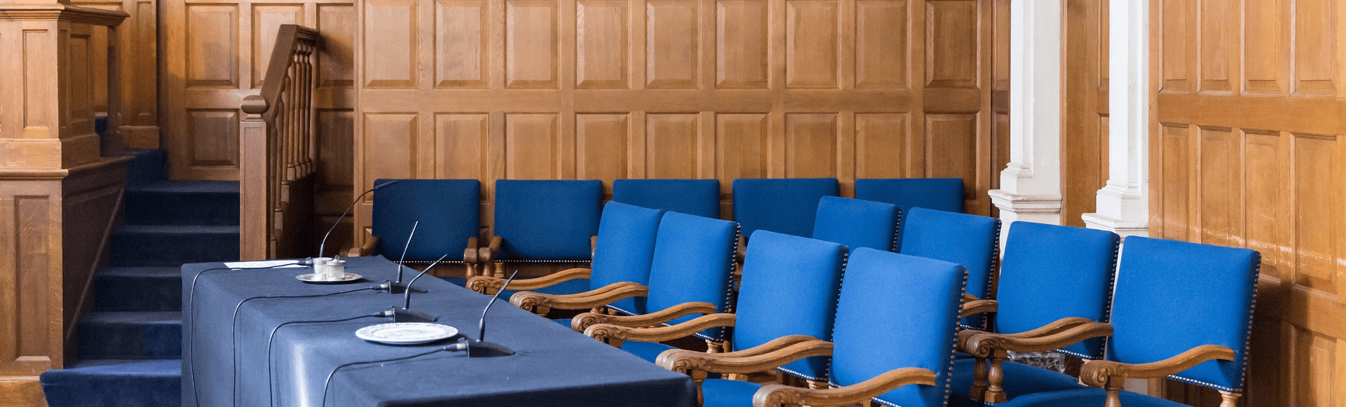 Open courtroom with a blue theme
